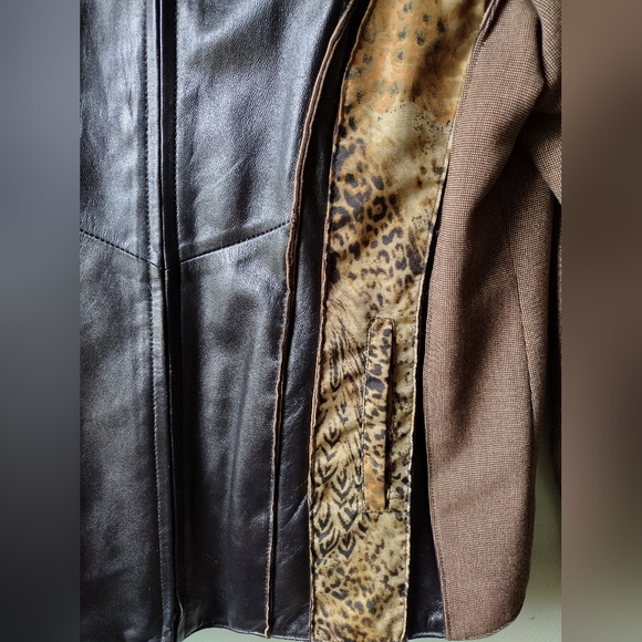 Koos Mixed Media Leather & Tweed Jacket with Leopard Print Detail - Picture 3 of 6
